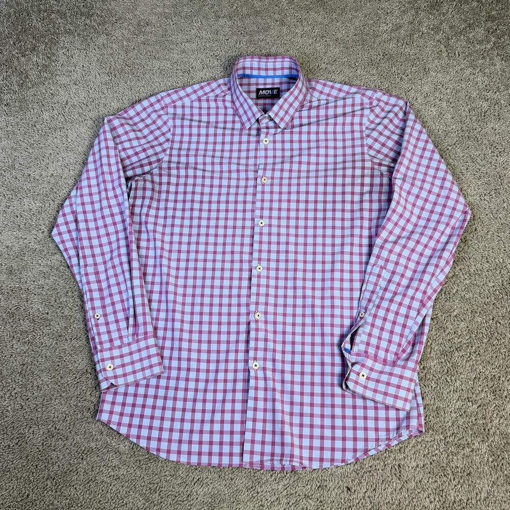MOVE Shirt Mens M Blue Pink Check Stretch Button Up Long Sleeve Dress Collared